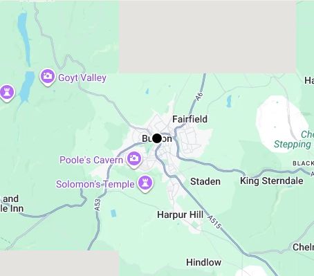 Map of affordable wedding photographer coverage in Buxton, Derbyshire, East Midlands