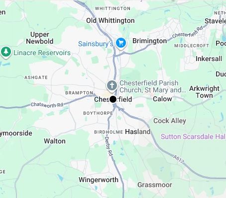 Map of affordable wedding photographer coverage in Chesterfield, Derbyshire, East Midlands