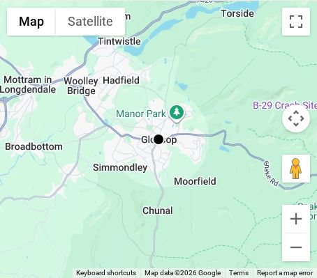 Map of affordable wedding photographer coverage in Glossop, Derbyshire, East Midlands