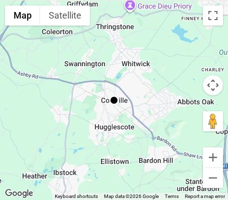 Map of affordable wedding photographer coverage in Coalville, Leicestershire, East Midlands