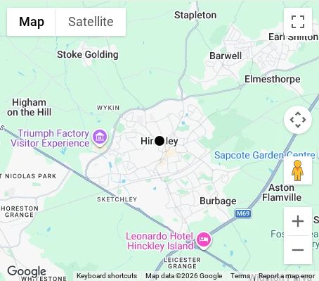 Map of affordable wedding photographer coverage in Hinckley, Leicestershire, East Midlands