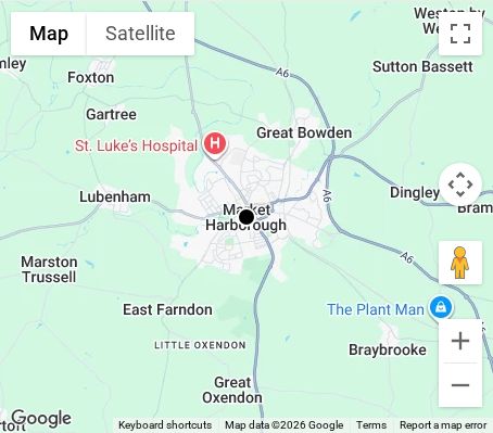 Map of affordable wedding photographer coverage in Market Harborough, Leicestershire, East Midlands
