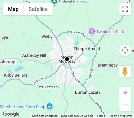 Map of affordable wedding photographer coverage in Melton Mowbray, Leicestershire, East Midlands