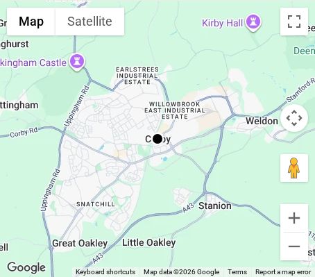 Map of affordable wedding photographer coverage in Corby, Northamptonshire, East Midlands