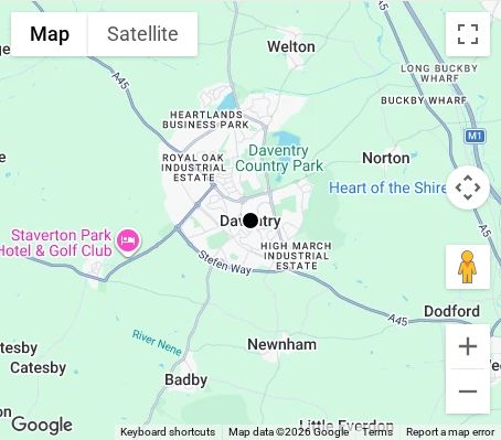 Map of affordable wedding photographer coverage in Daventry, Northamptonshire, East Midlands