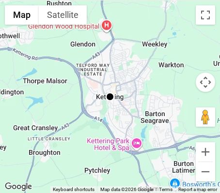 Map of affordable wedding photographer coverage in Kettering, Northamptonshire, East Midlands