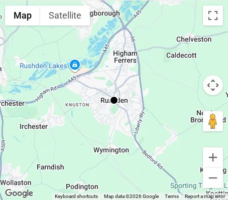 Map of affordable wedding photographer coverage in Rushden, Northamptonshire, East Midlands