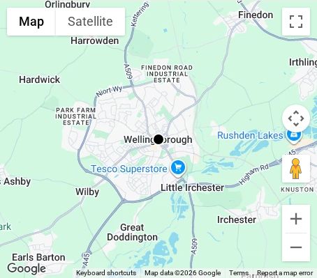 Map of affordable wedding photographer coverage in Wellingborough, Northamptonshire, East Midlands