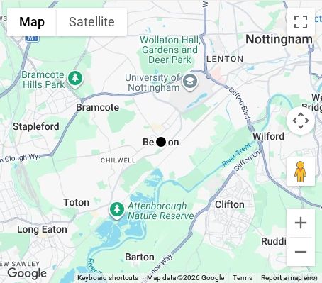 Map of affordable wedding photographer coverage in Beeston, Nottinghamshire, East Midlands