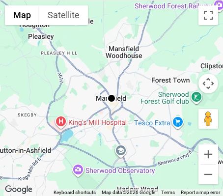 Map of affordable wedding photographer coverage in Mansfield, Nottinghamshire, East Midlands
