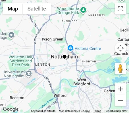 Map of affordable wedding photographer coverage in Nottingham, Nottinghamshire, East Midlands