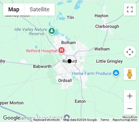 Map of affordable wedding photographer coverage in Retford, Nottinghamshire, East Midlands