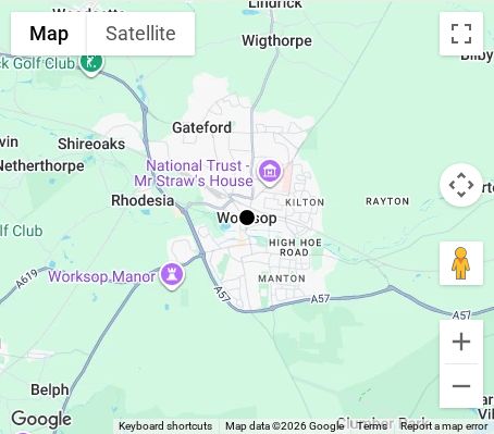 Map of affordable wedding photographer coverage in Worksop, Nottinghamshire, East Midlands
