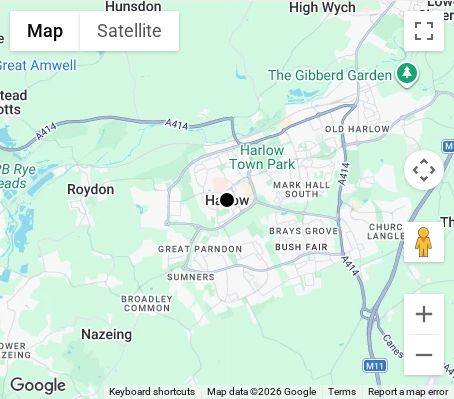 Map of affordable wedding photographer coverage in Harlow, Essex, East of England