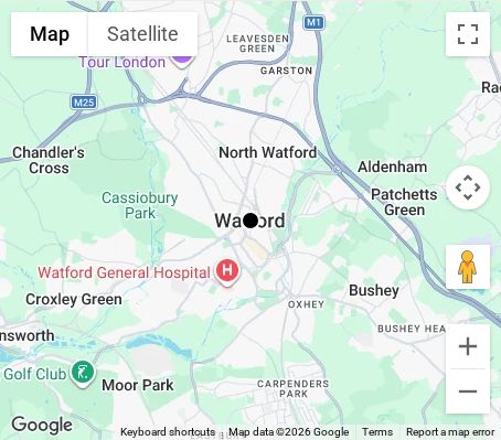 Map of affordable wedding photographer coverage in Watford, Hertfordshire, East of England