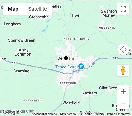 Map of affordable wedding photographer coverage in Dereham, Norfolk, East of England