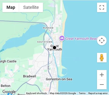 Map of affordable wedding photographer coverage in Great Yarmouth, Norfolk, East of England