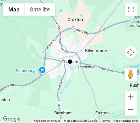 Map of affordable wedding photographer coverage in Thetford, Norfolk, East of England