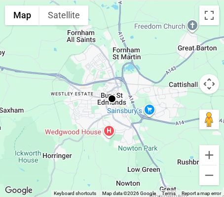 Map of affordable wedding photographer coverage in Bury St Edmunds, Suffolk, East of England