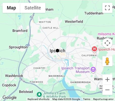 Map of affordable wedding photographer coverage in Ipswich, Suffolk, East of England