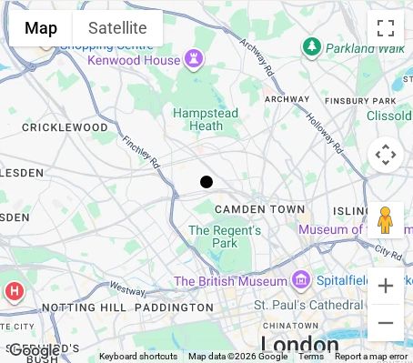 Map of affordable wedding photographer coverage in Camden, North London, London