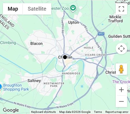 Map of affordable wedding photographer coverage in Chester, Cheshire, North West
