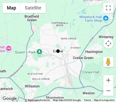 Map of affordable wedding photographer coverage in Crewe, Cheshire, North West
