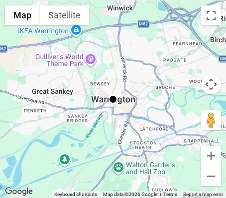 Map of affordable wedding photographer coverage in Warrington, Cheshire, North West