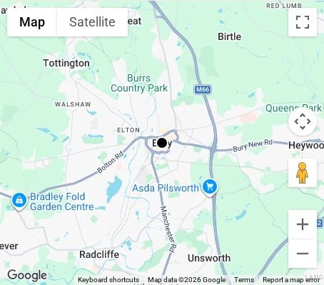 Map of affordable wedding photographer coverage in Bury, Greater Manchester, North West