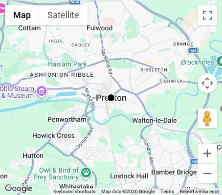 Map of affordable wedding photographer coverage in Preston, Lancashire, North West