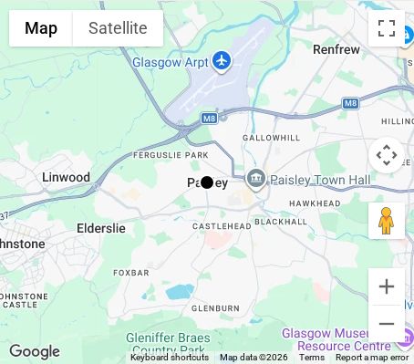 Map of affordable wedding photographer coverage in Paisley, Renfrewshire, Scotland