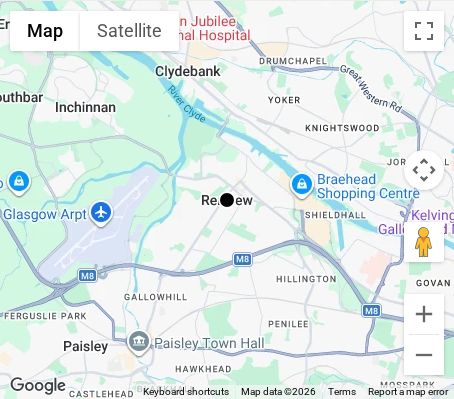 Map of affordable wedding photographer coverage in Renfrew, Renfrewshire, Scotland