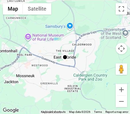 Map of affordable wedding photographer coverage in East Kilbride, South Lanarkshire, Scotland