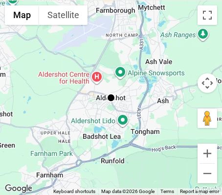 Map of affordable wedding photographer coverage in Aldershot, Hampshire, South East