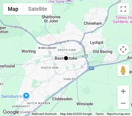 Map of affordable wedding photographer coverage in Basingstoke, Hampshire, South East