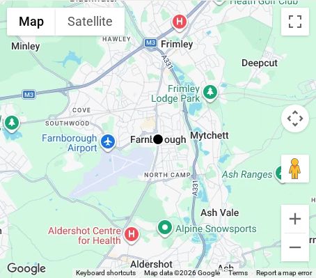 Map of affordable wedding photographer coverage in Farnborough, Hampshire, South East