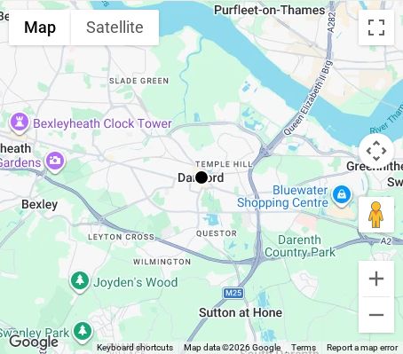 Map of affordable wedding photographer coverage in Dartford, Kent, South East