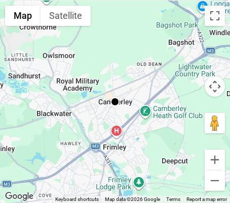 Map of affordable wedding photographer coverage in Camberley, Surrey, South East