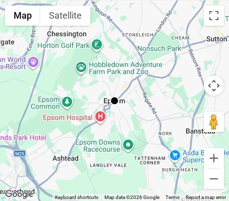 Map of affordable wedding photographer coverage in Epsom, Surrey, South East