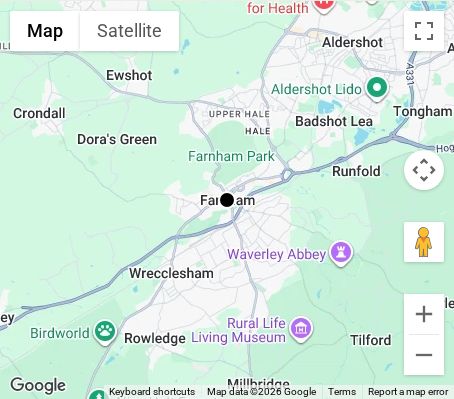 Map of affordable wedding photographer coverage in Farnham, Surrey, South East