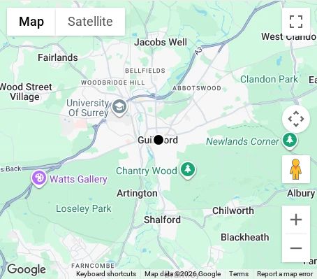 Map of affordable wedding photographer coverage in Guildford, Surrey, South East