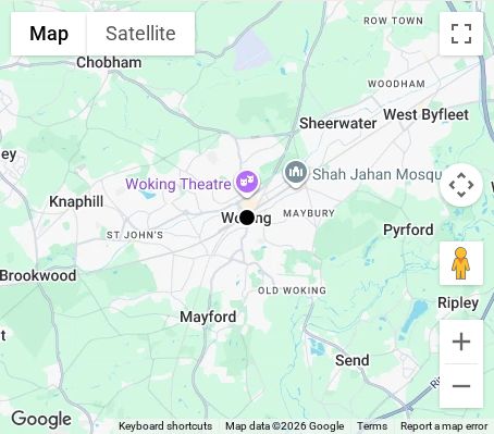 Map of affordable wedding photographer coverage in Woking, Surrey, South East