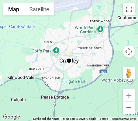Map of affordable wedding photographer coverage in Crawley, West Sussex, South East