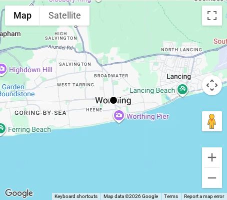 Map of affordable wedding photographer coverage in Worthing, West Sussex, South East
