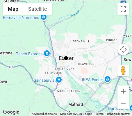 Map of affordable wedding photographer coverage in Exeter, Devon, South West