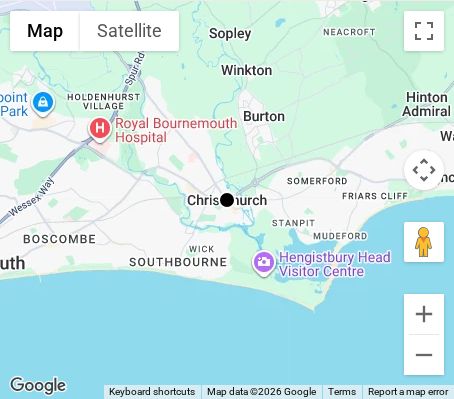 Map of affordable wedding photographer coverage in Christchurch, Dorset, South West