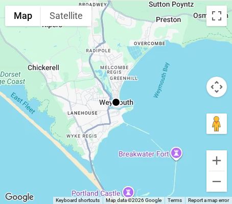 Map of affordable wedding photographer coverage in Weymouth, Dorset, South West