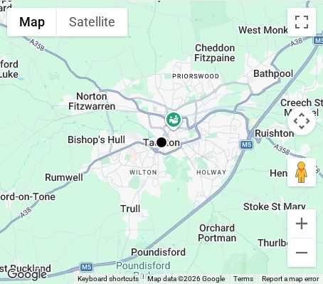 Map of affordable wedding photographer coverage in Taunton, Somerset, South West