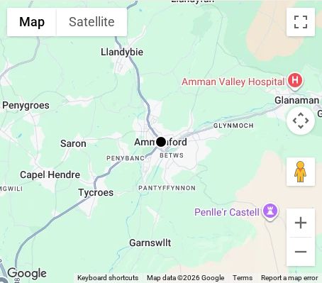 Map of affordable wedding photographer coverage in Ammanford, Carmarthenshire, Wales