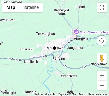Map of affordable wedding photographer coverage in Carmarthen, Carmarthenshire, Wales